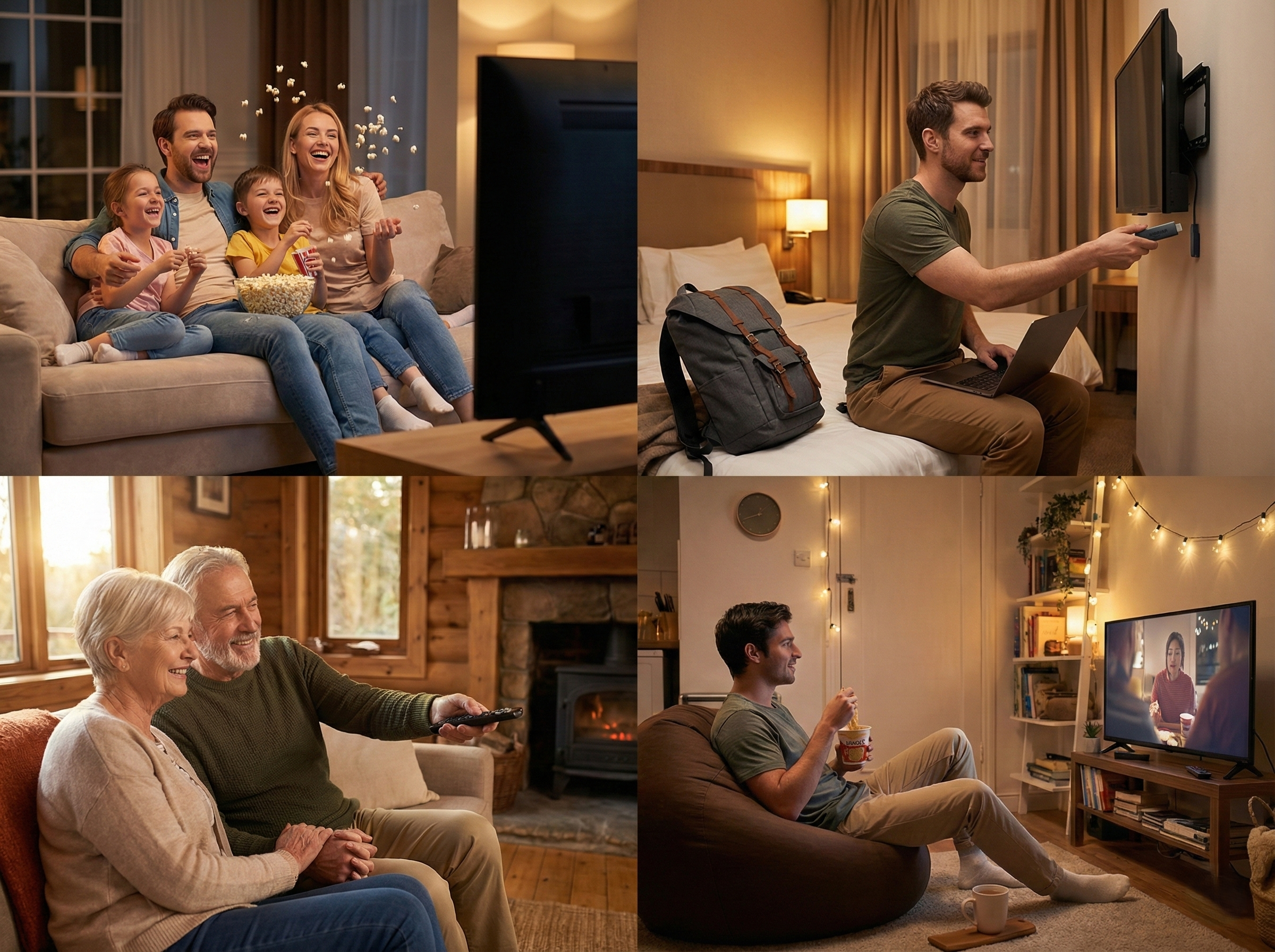 Different people (family, traveller, student) using Flixy TV Stick